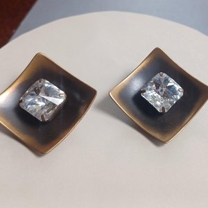 Striking Large Vintage Bronze Tone Large Rhinestone Clip On Earrings, Mid Century, Estate Jewelry, High End