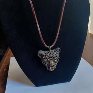 Vintage Large Leopard Face Rhinestones Pendant on a Leather Cord Necklace