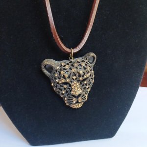 Vintage Large Leopard Face Rhinestones Pendant on a Leather Cord Necklace