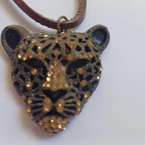 Vintage Large Leopard Face Rhinestones Pendant on a Leather Cord Necklace