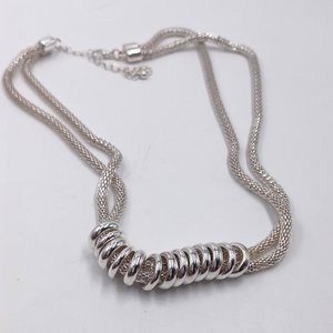Vintage  Multiple Silver Tone Mesh Chain With Shiny Silver Rings Statement Necklace