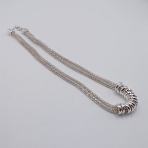 Vintage  Multiple Silver Tone Mesh Chain With Shiny Silver Rings Statement Necklace