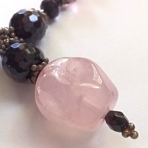 Black Glass Beads, Rose Quartz and Pink Crystal Bicones Beaded Necklace