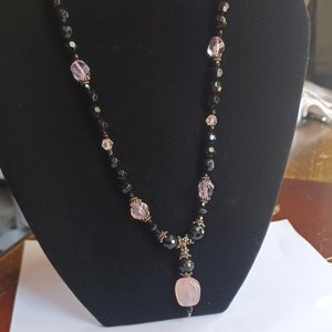 Black Glass Beads, Rose Quartz and Pink Crystal Bicones Beaded Necklace