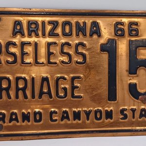 Vintage 1966 Arizona Copper Horseless Carriage Licence Plate, Man Cave, Gift for Him, Garage Decor