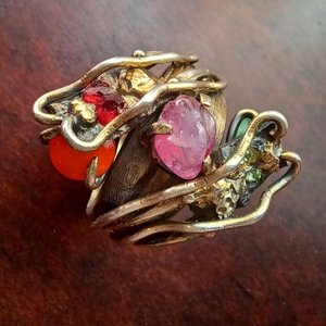 Vintage Chinese Import Double Dragon Sterling Silver Gemstone Ring Size 10.5,