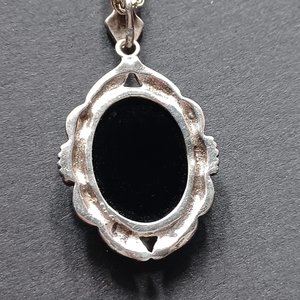 Vintage Sterling Silver, Marcasite and Carved Mother of Pearl Cameo Pendant and Sterling Chain Necklace