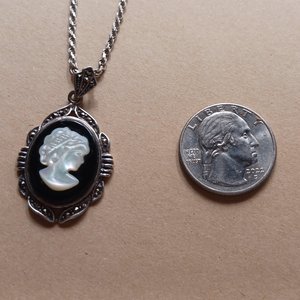 Vintage Sterling Silver, Marcasite and Carved Mother of Pearl Cameo Pendant and Sterling Chain Necklace