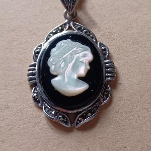 Vintage Sterling Silver, Marcasite and Carved Mother of Pearl Cameo Pendant and Sterling Chain Necklace