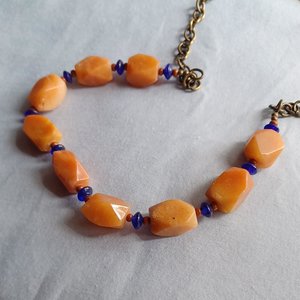 Vintage Heavy Pale Orange Natural Carnelian Stone, Cobalt Glass Beads Ladies Beaded Necklace