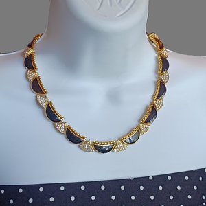 Vintage Premier Designs Gold Tone, Black Enamel and Rhinestones Panel Collar Necklace