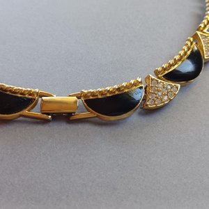 Vintage Premier Designs Gold Tone, Black Enamel and Rhinestones Panel Collar Necklace