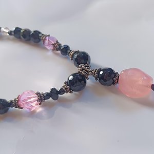 Black Glass Beads, Rose Quartz and Pink Crystal Bicones Beaded Necklace