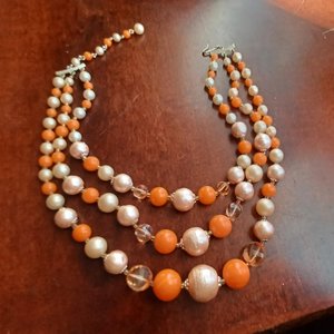 Vintage 1950's Hong Kong Bright Summertime Orange Beaded Necklace and Earrings Jewelry Set