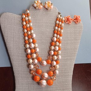 Vintage 1950's Hong Kong Bright Summertime Orange Beaded Necklace and Earrings Jewelry Set