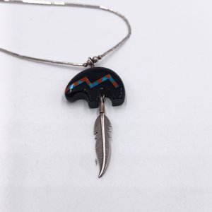 Vintage Carolyn Pollack American Southwest Sterling Silver Spirit Bear Gemstone Inlay Pendant Necklace