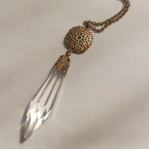 Vintage Ornate Bronze Tone Victorian Revival Perfectly Faceted True Crystal Pendulum Fob Necklace