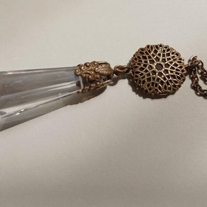 Vintage Ornate Bronze Tone Victorian Revival Perfectly Faceted True Crystal Pendulum Fob Necklace