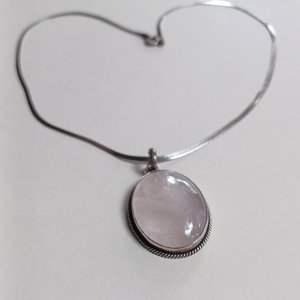 Sterling Silver  and Large Rose Quartz Oval Bezel Set Cabochon Pendant Necklace