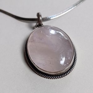 Sterling Silver  and Large Rose Quartz Oval Bezel Set Cabochon Pendant Necklace