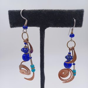 Stunning Artisan Copper and Cobalt Blue Glass Geometric Dangle and Drop Pierced Earrings