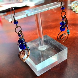 Stunning Artisan Copper and Cobalt Blue Glass Geometric Dangle and Drop Pierced Earrings