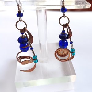 Stunning Artisan Copper and Cobalt Blue Glass Geometric Dangle and Drop Pierced Earrings