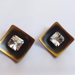 Striking Large Vintage Bronze Tone Large Rhinestone Clip On Earrings, Mid Century, Estate Jewelry, High End