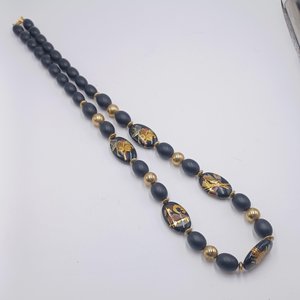 Asian Hand Painted Black Beads Long Necklace