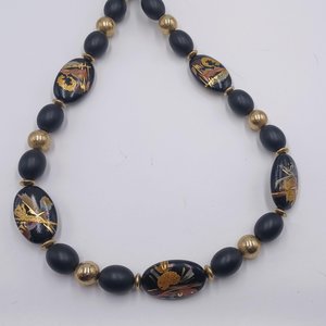 Asian Hand Painted Black Beads Long Necklace
