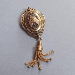 Antique Victorian Gold Filled Etruscan Revival Tassel Brooch Pendant, Mourning Jewelry