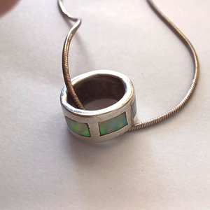Vintage Sterling Silver Ring Pendant with Opal Inlay on Silver Snake Chain Pendant Necklace