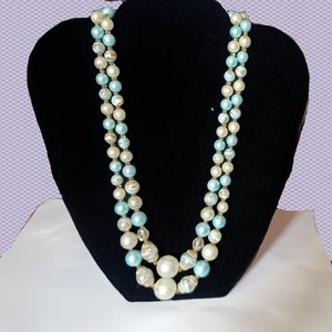Vintage 1950's Pale Blue and Gold Tone Multi-Strand Beaded Necklace