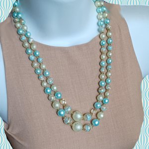 Vintage 1950's Pale Blue and Gold Tone Multi-Strand Beaded Necklace