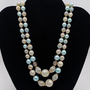Vintage 1950's Pale Blue and Gold Tone Multi-Strand Beaded Necklace