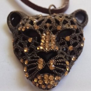 Vintage Large Leopard Face Rhinestones Pendant on a Leather Cord Necklace