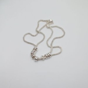 Vintage  Multiple Silver Tone Mesh Chain With Shiny Silver Rings Statement Necklace