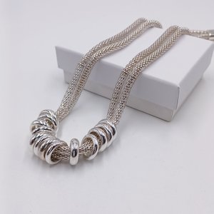 Vintage  Multiple Silver Tone Mesh Chain With Shiny Silver Rings Statement Necklace