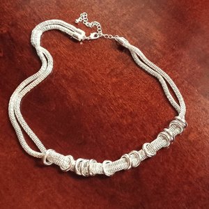 Vintage  Multiple Silver Tone Mesh Chain With Shiny Silver Rings Statement Necklace