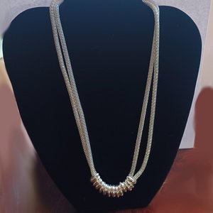 Vintage  Multiple Silver Tone Mesh Chain With Shiny Silver Rings Statement Necklace