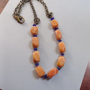Vintage Heavy Pale Orange Natural Carnelian Stone, Cobalt Glass Beads Ladies Beaded Necklace