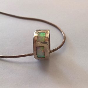 Vintage Sterling Silver Ring Pendant with Opal Inlay on Silver Snake Chain Pendant Necklace