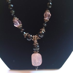 Black Glass Beads, Rose Quartz and Pink Crystal Bicones Beaded Necklace