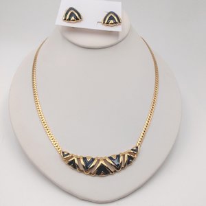 Smart Vintage Gold Tone and Navy Blue Enamel Statement Herringbone Chain Necklace and Earrings Set, Avon