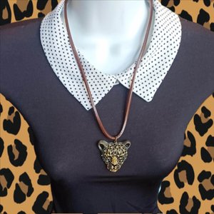 Vintage Large Leopard Face Rhinestones Pendant on a Leather Cord Necklace