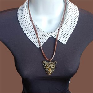 Vintage Large Leopard Face Rhinestones Pendant on a Leather Cord Necklace