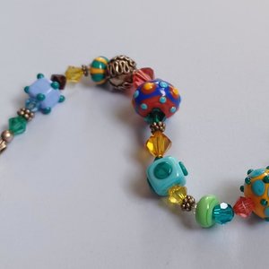 Colorful and Fun, Signed JB, Lampwork Glass and Crystal Bicone Beads Beaded Bracelet