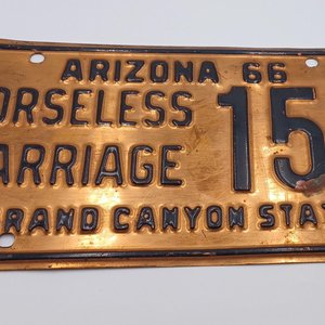 Vintage 1966 Arizona Copper Horseless Carriage Licence Plate, Man Cave, Gift for Him, Garage Decor