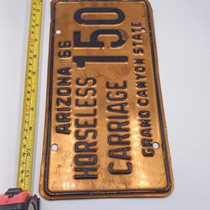 Vintage 1966 Arizona Copper Horseless Carriage Licence Plate, Man Cave, Gift for Him, Garage Decor