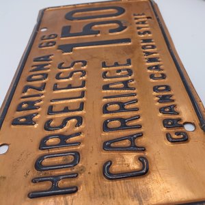 Vintage 1966 Arizona Copper Horseless Carriage Licence Plate, Man Cave, Gift for Him, Garage Decor